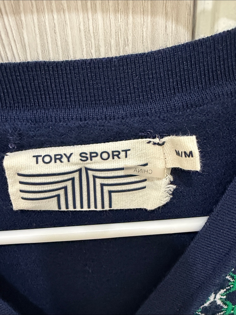 Tory Sport Navy Cardigan with Green & White Geometric Front - Picture 3 of 7